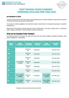 National Christmas and New Years Trading Hours 2019-2020 Factsheet Summary
